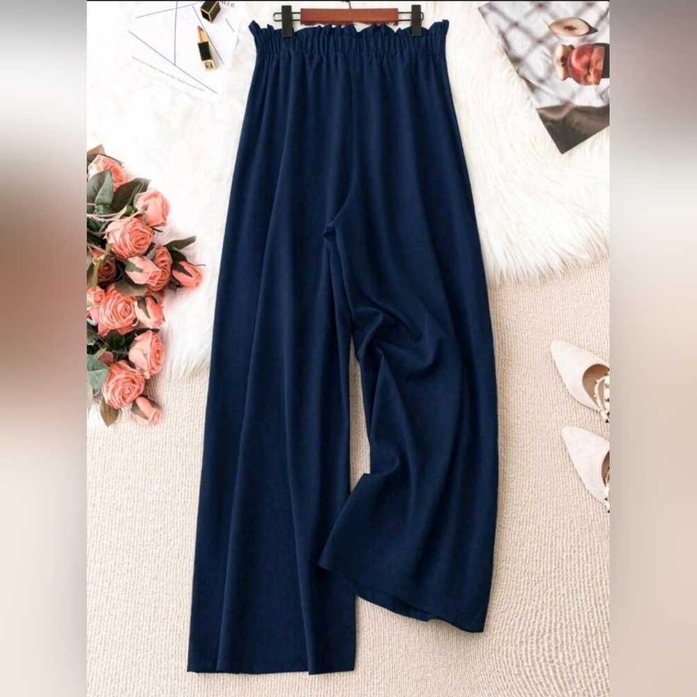 Elegant Navy Blue Plus Size Wide Leg Women's Pants - 3X/18